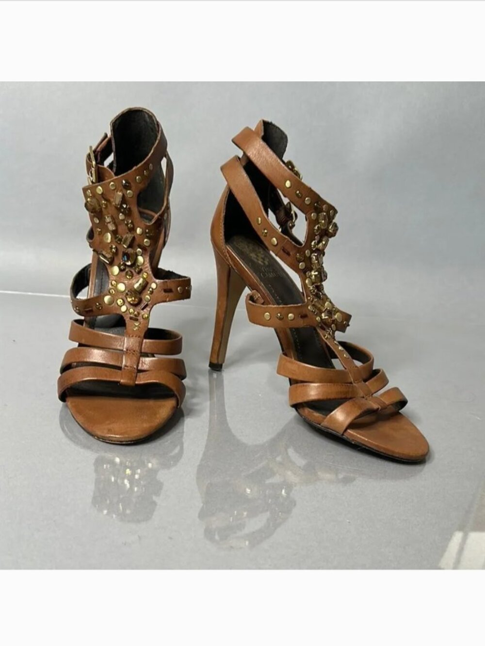 Vince Camuto Brown Strappy Heels with Gold Accents | 7.5 | (A-1517)